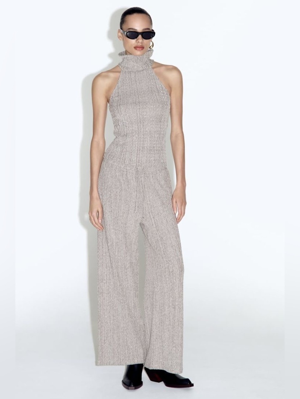 Zara Sleeveless High-Neck Wide-Leg Jumpsuit in Taupe Knit